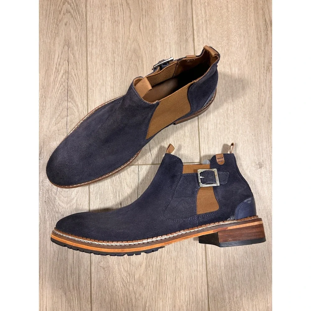 Vintage Foundry Co Mens Navy Blue Suede Monk Strap Chelsea Boots Size 9 Lug Sole